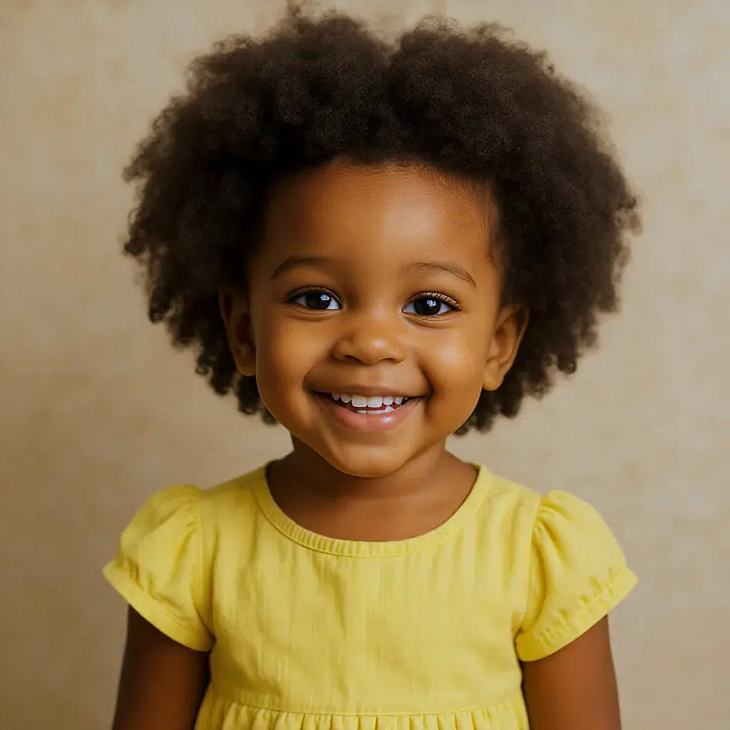 Enfant fille afro, coupe arrondie naturelle, sourire joyeux, robe jaune.
