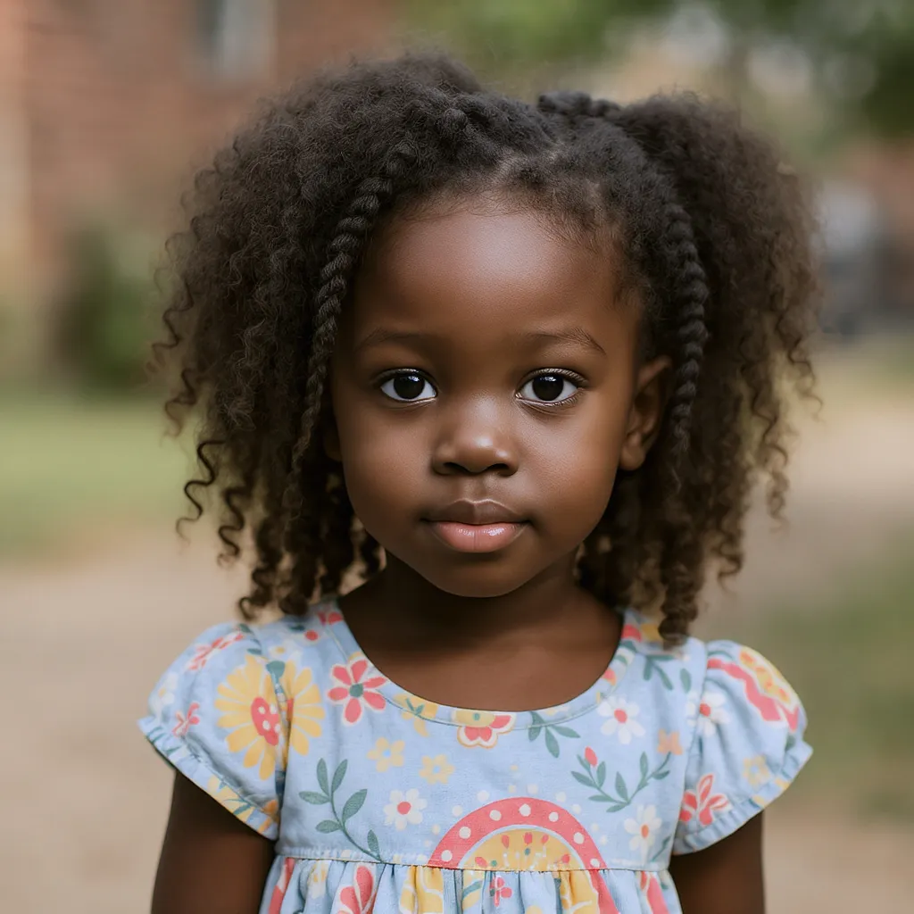 Petite fille noire cheveux crépus, tresses épaisses protectrices, robe estivale, fond extérieur.