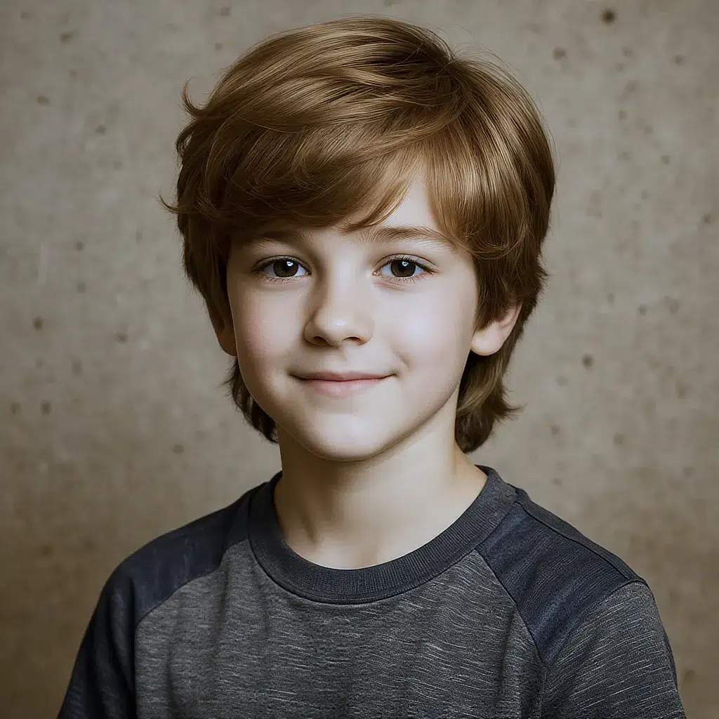 Enfant garçon cheveux ondulés brun clair, coupe mulet discret moderne, t-shirt sport.
