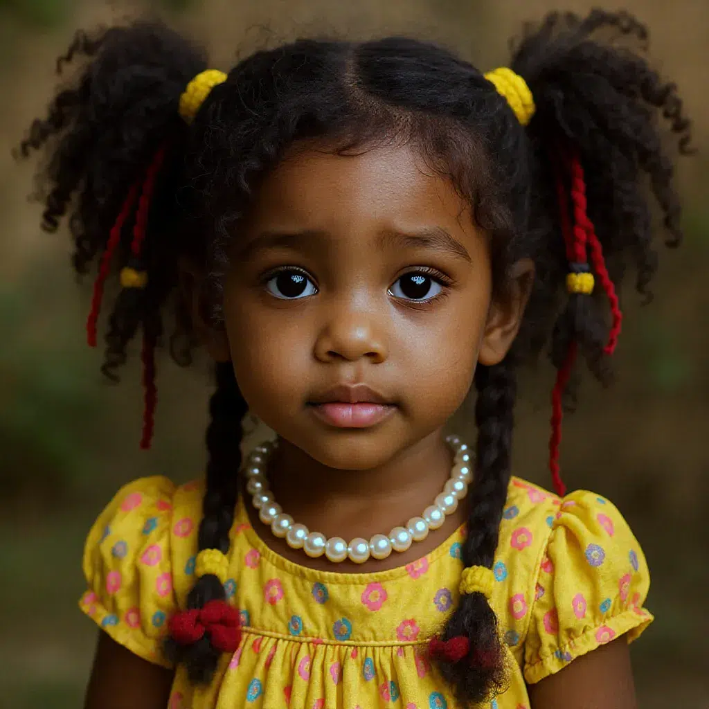 Petite fille cheveux crépus, tresses protectrices avec perles colorées, robe vive.