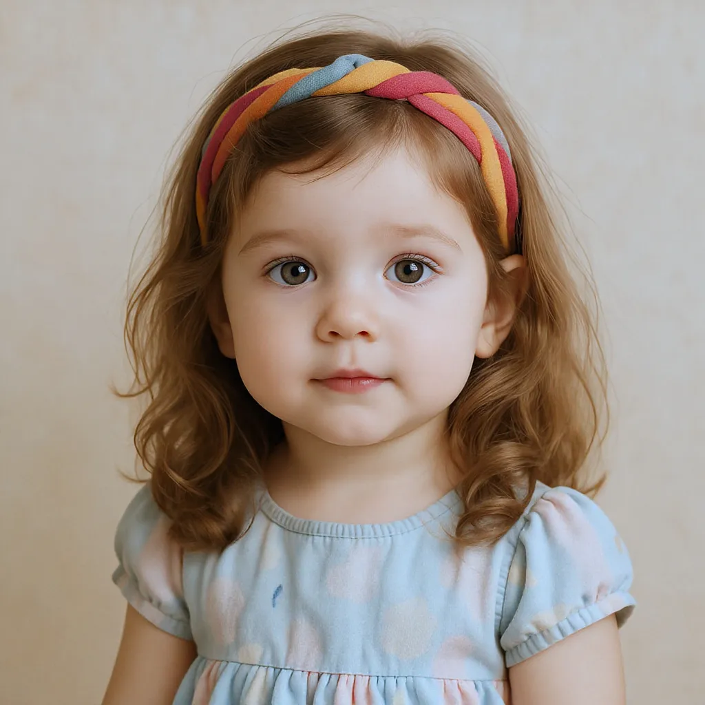 Fillette cheveux mi-longs ondulés, serre-tête coloré, robe pastel