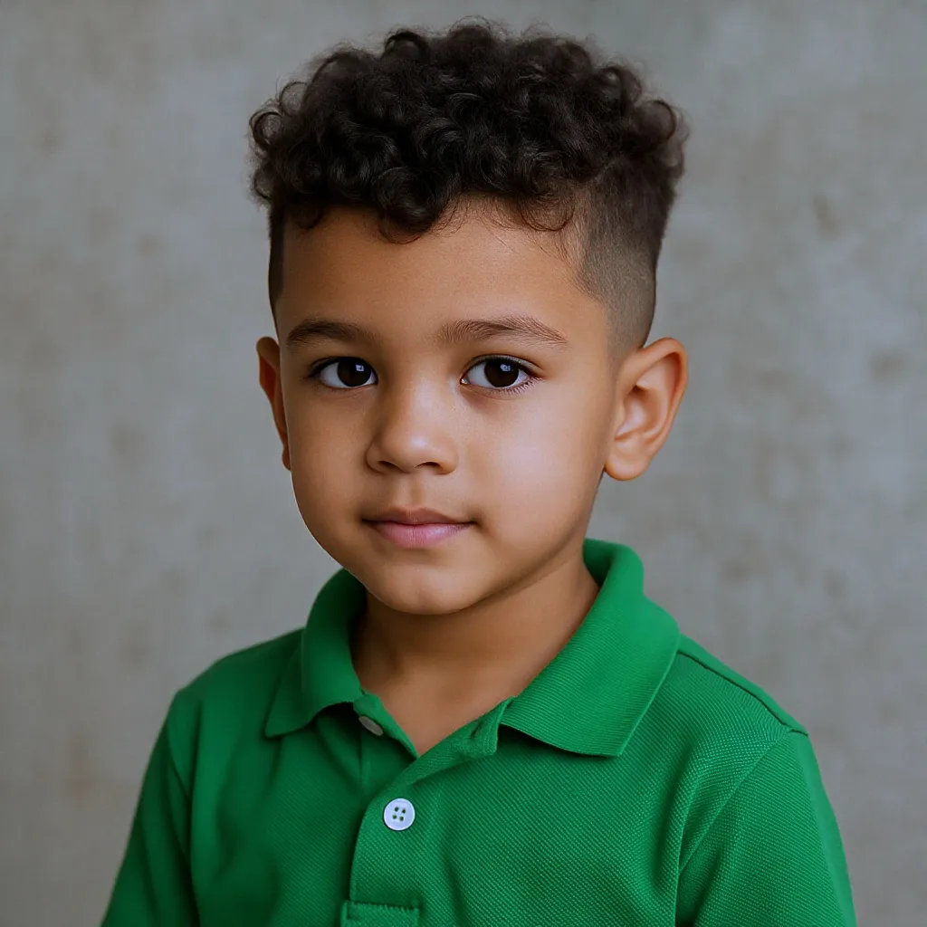 Petit garçon métisse, undercut discret avec cheveux bouclés sur le dessus, polo vert.