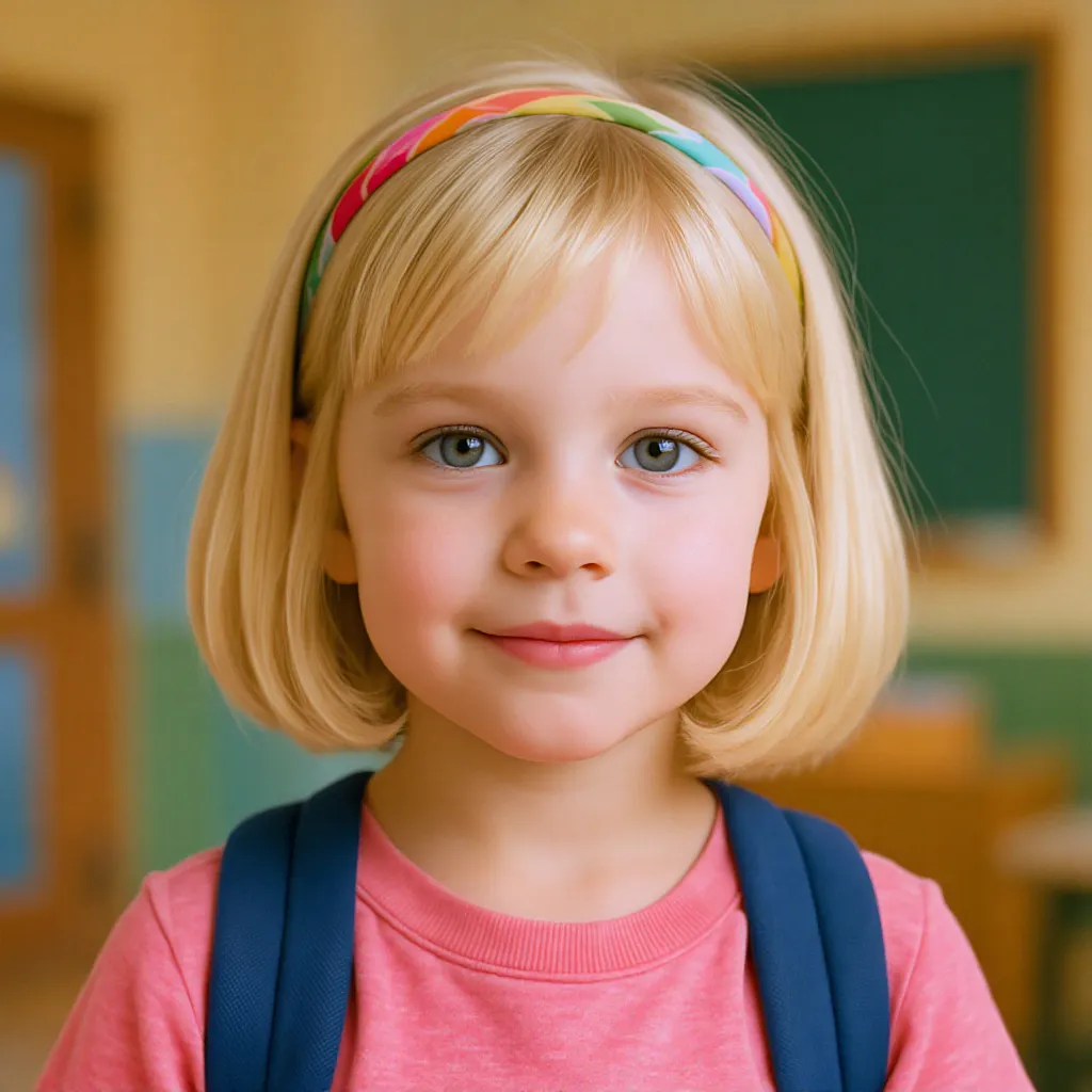 Fillette blonde, carré flou lisse, serre-tête coloré, décor scolaire.