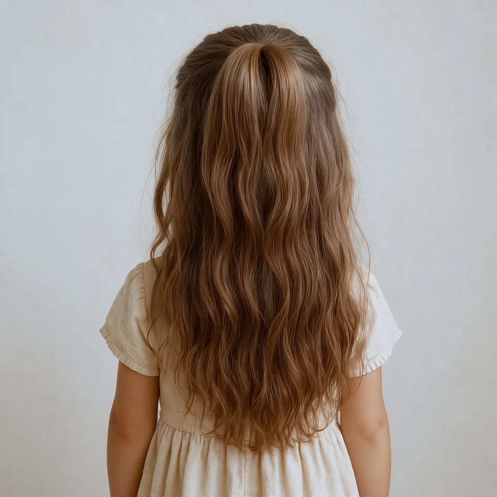 Fillette cheveux ondulés longs derrière, léger et discret, robe bohème.