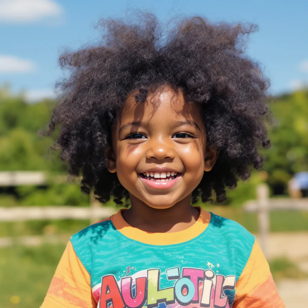Enfant métisse, cheveux bouclés volumineux, sourire joyeux, t-shirt coloré, extérieur ensoleillé.