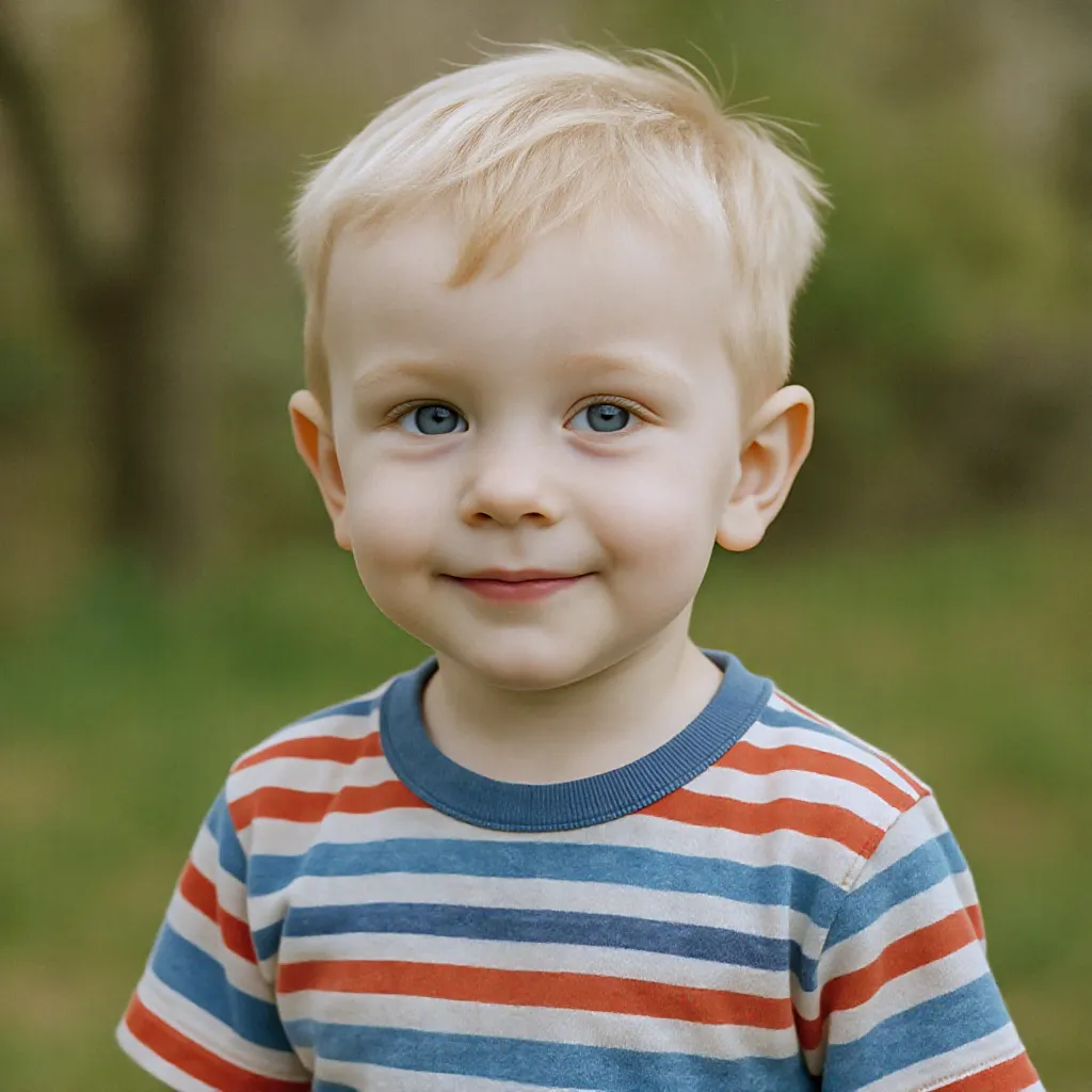 Petit garçon blond clair, coupe boule aérée, t-shirt rayé, ambiance ludique.