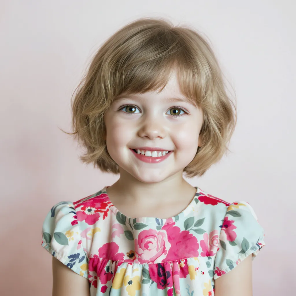 Fillette souriante, cheveux châtain clair au carré flou légèrement ondulé, robe colorée, fond pastel doux.