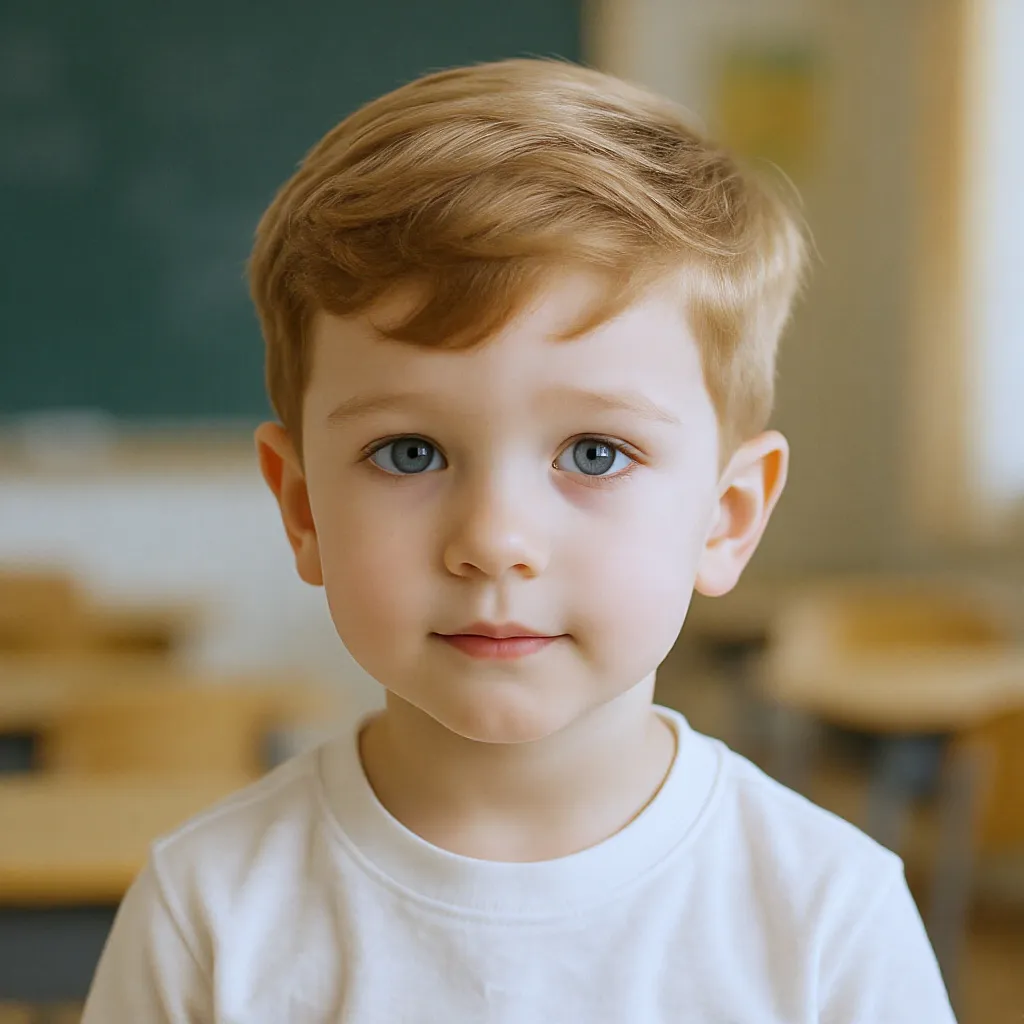 Petit garçon blond, coupe courte dégradée nette, chemise blanche, arrière-plan classe école.