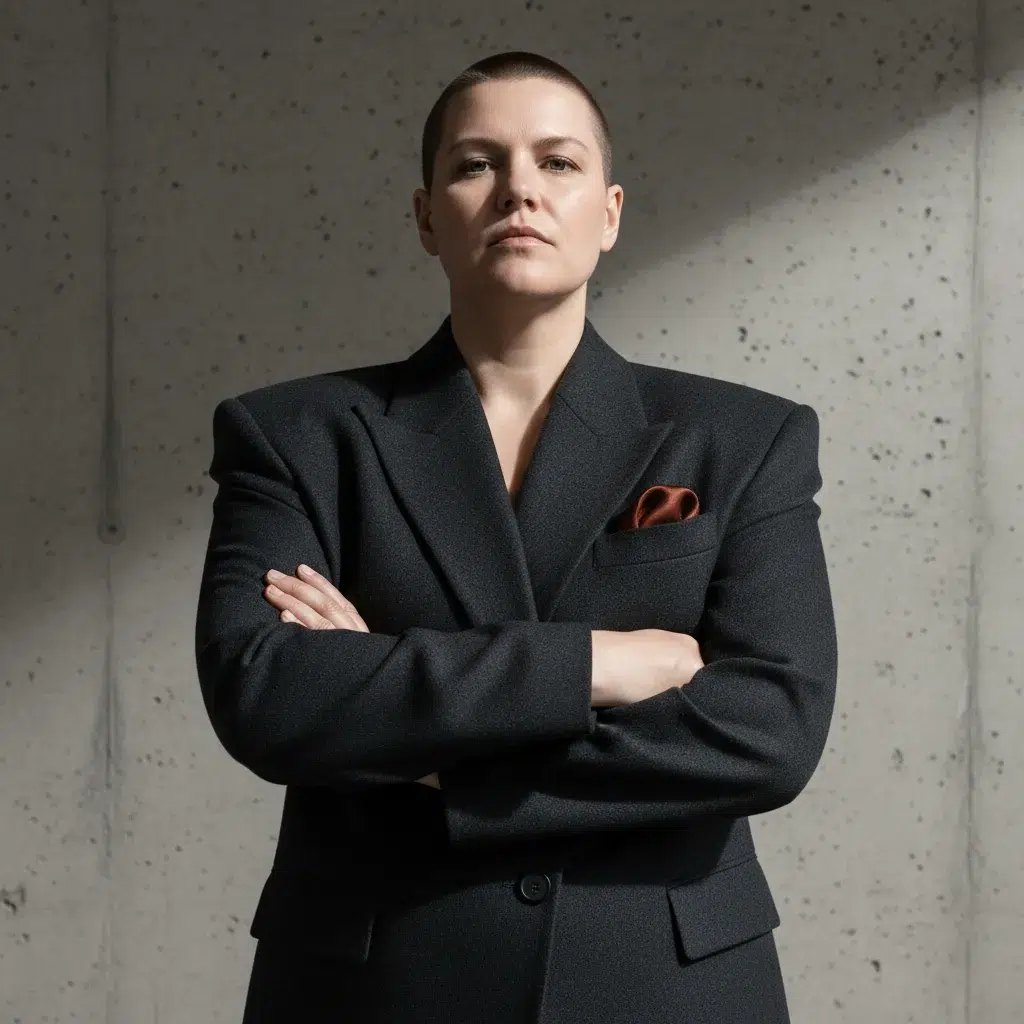 Buzz cut rasé pour coupe courte femme forte au visage affirmé