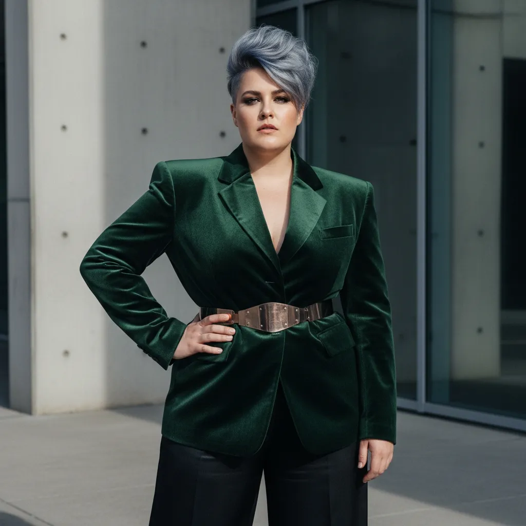 Pixie effilé asymétrique pour coupe courte femme forte avec volume sur le dessus