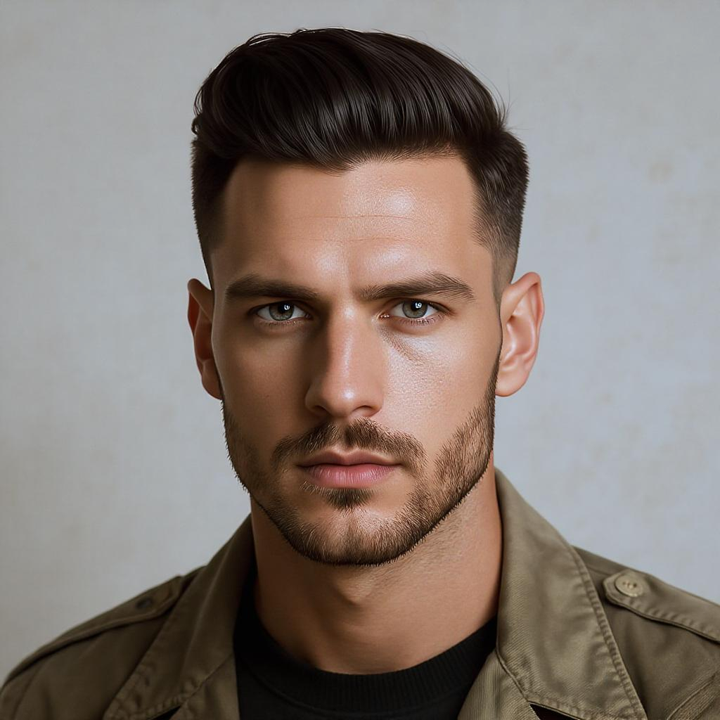 Homme avec une coupe militaire moderne, virile et intemporelle, cheveux très courts uniformes