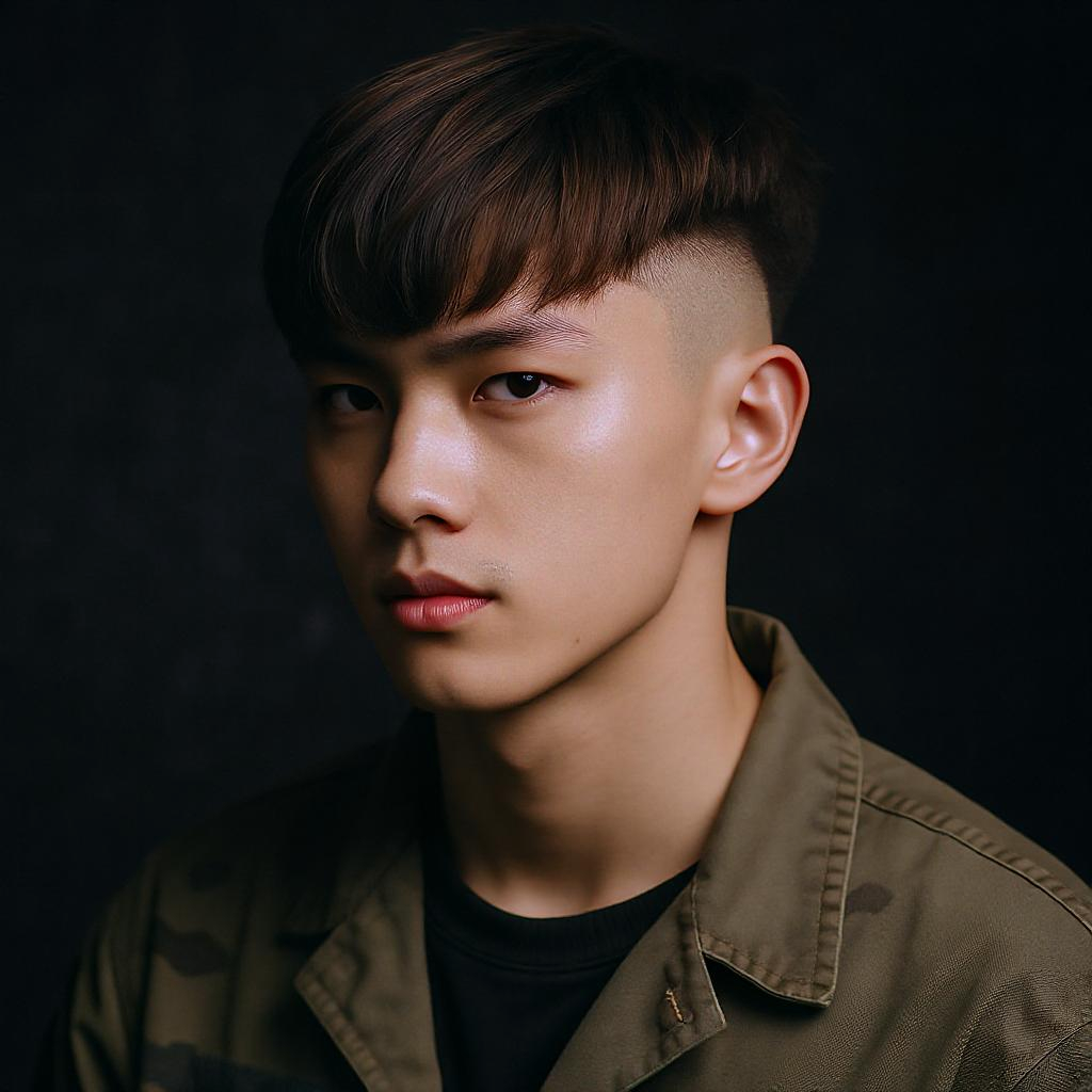 Military crop avec frange courte et dégradé, jeune homme asiatique