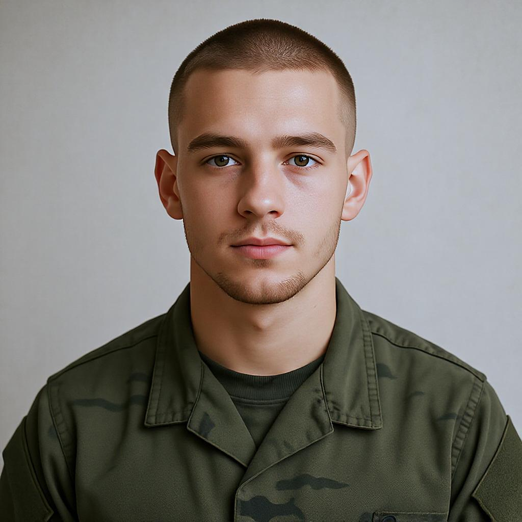 Coupe militaire dégradée très haut, jeune homme treillis militaire