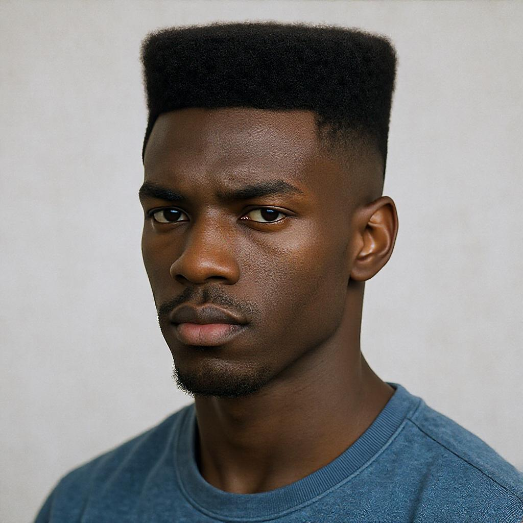 Coupe flat top militaire avec volume carré, homme noir