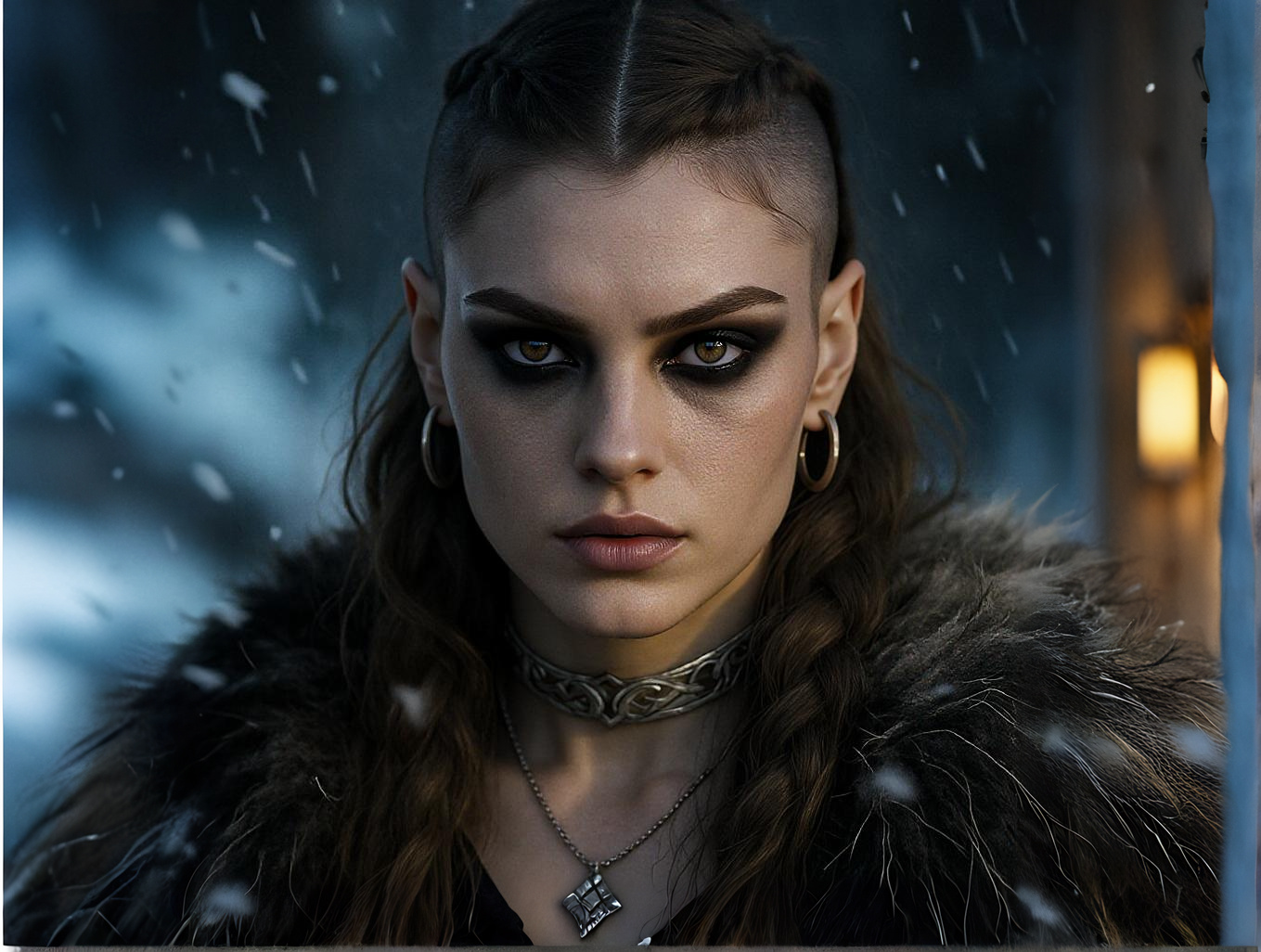 Femme avec tresse centrale viking, côtés rasés et maquillage intense, dans une ambiance nordique hivernale.