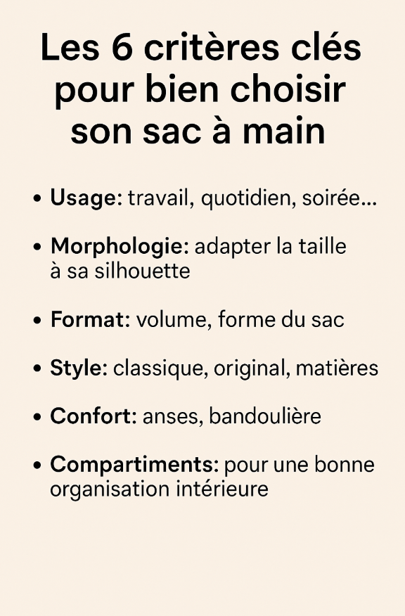 Infographie verticale listant les 6 critères clés pour bien choisir son sac à main : usage, morphologie, format, style, confort et compartiments.