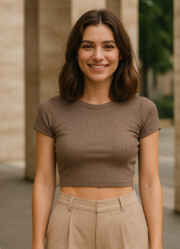 Crop top beige en maille cotelee avec pantalon taille haute