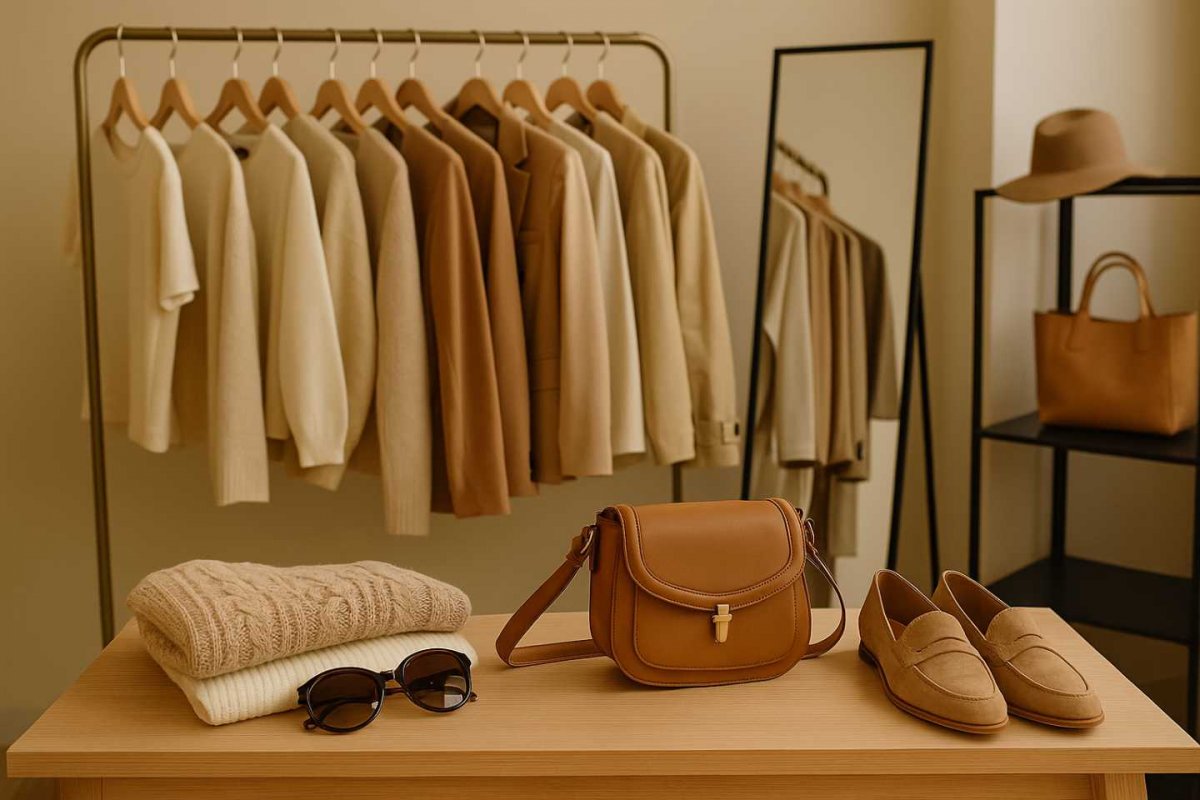 Sélection de vêtements et accessoires beiges et camel bien rangés sur portant, mode capsule petit budget.