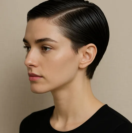 Femme brune Coupe courte sleek plaquee
