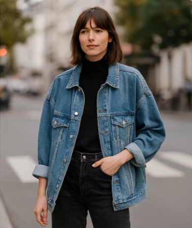 Femme portant une veste jean oversize tendance