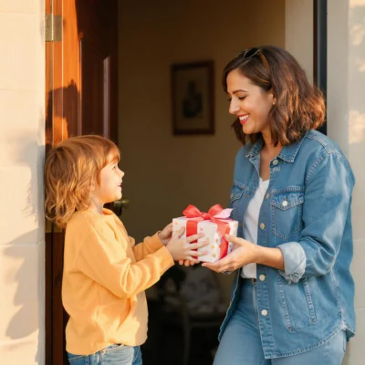 Enfant offrant un petit cadeau fait main à sa nounou souriante sur le pas de la porte, lumière dorée du soir