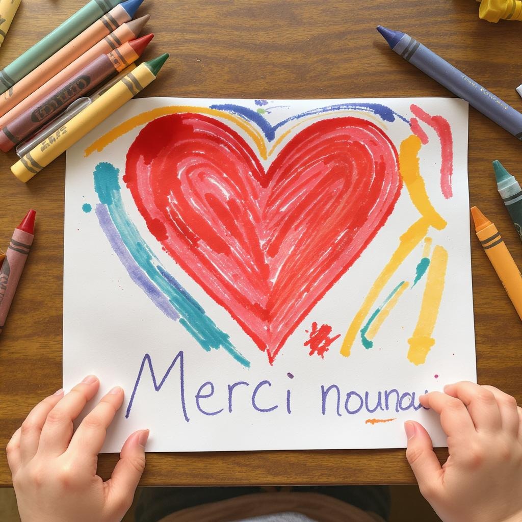 colorée avec cœur peint et message “Merci nounou”, posée parmi des crayons et dessins d’enfant
