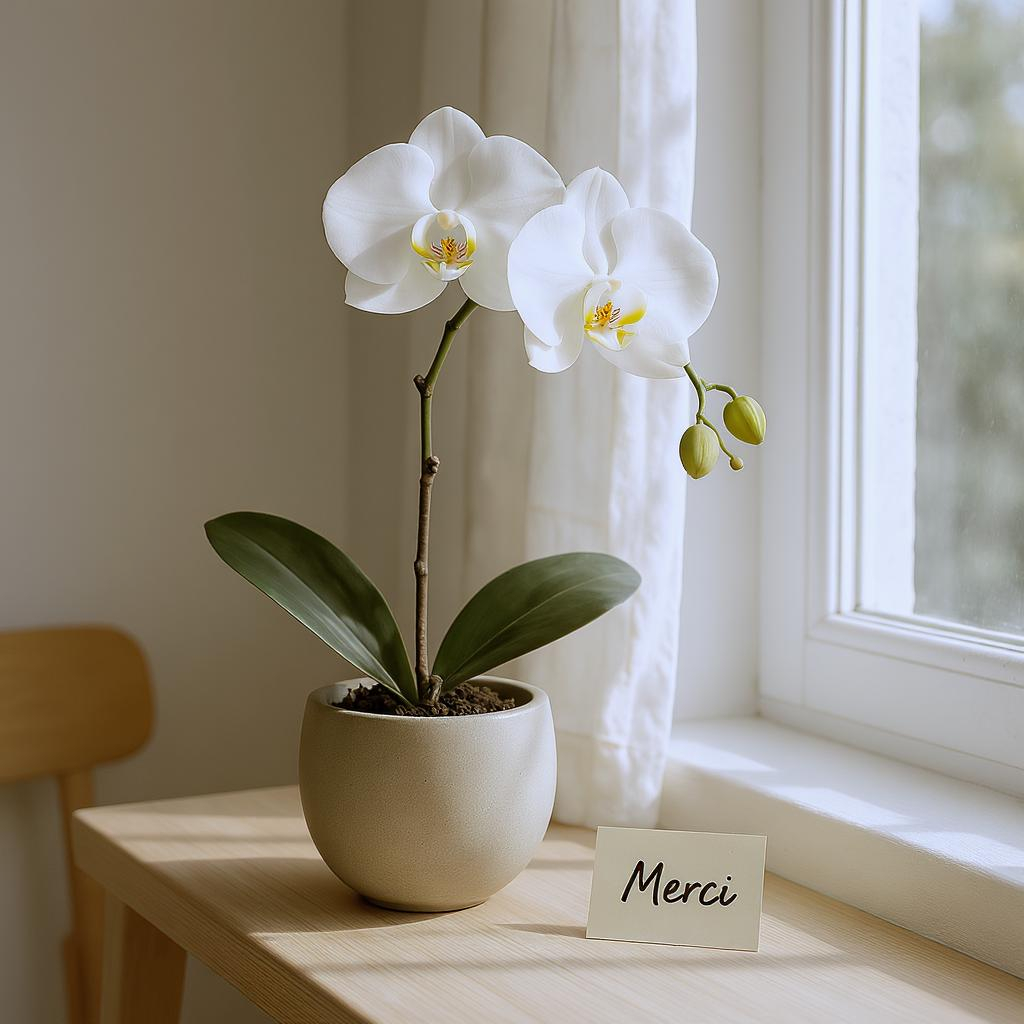 Orchidée blanche dans un pot design avec carte de remerciement posée à côté, lumière douce d’intérieur