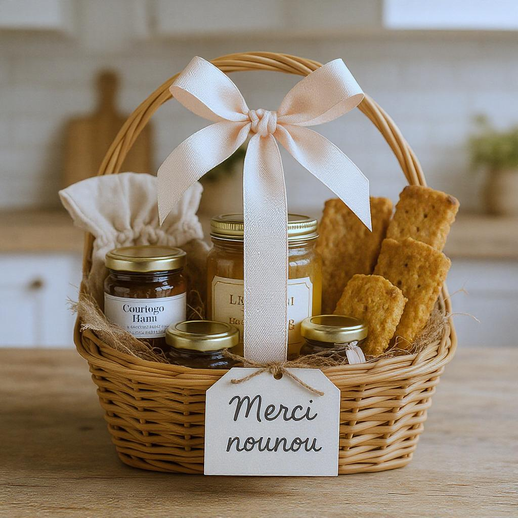 Panier en osier avec pots de confiture, biscuits maison et étiquette “Merci nounou” nouée avec ruban pastel