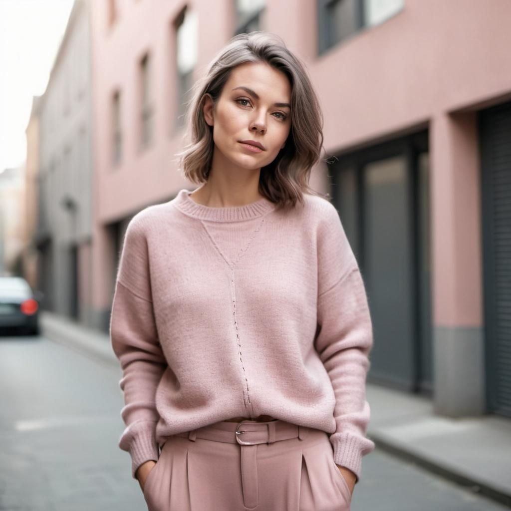 Femme en pull rose poudré et pantalon gris clair dans un style doux et urbain