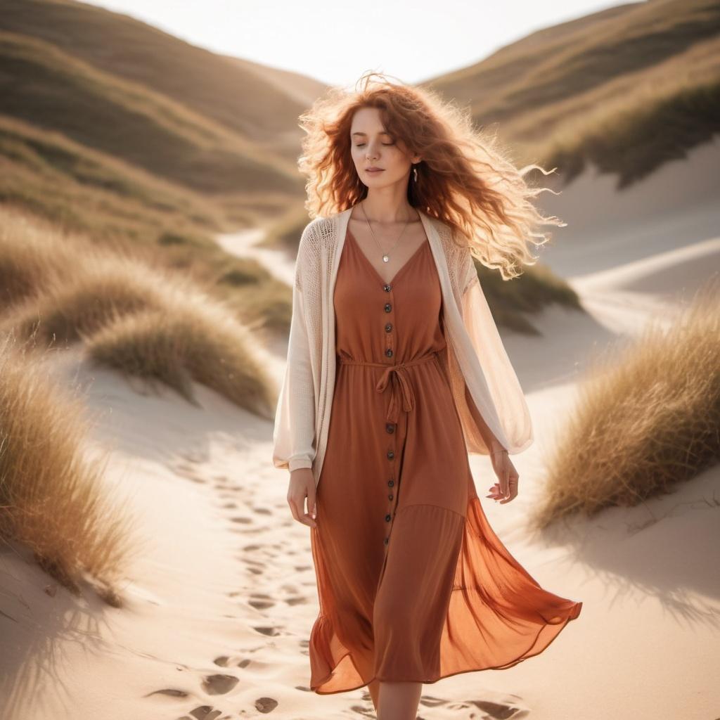 Robe terracotta fluide et gilet crème dans une ambiance naturelle