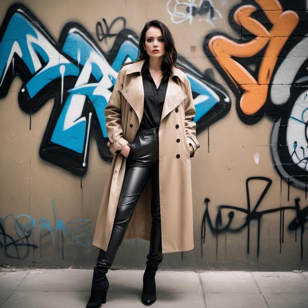 Femme en trench kaki et pantalon noir dans un décor urbain