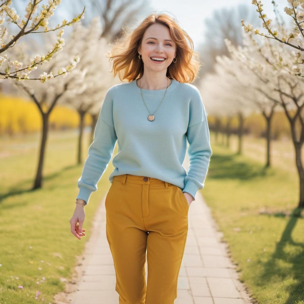 Femme souriante en pantalon jaune et pull bleu pastel au solei