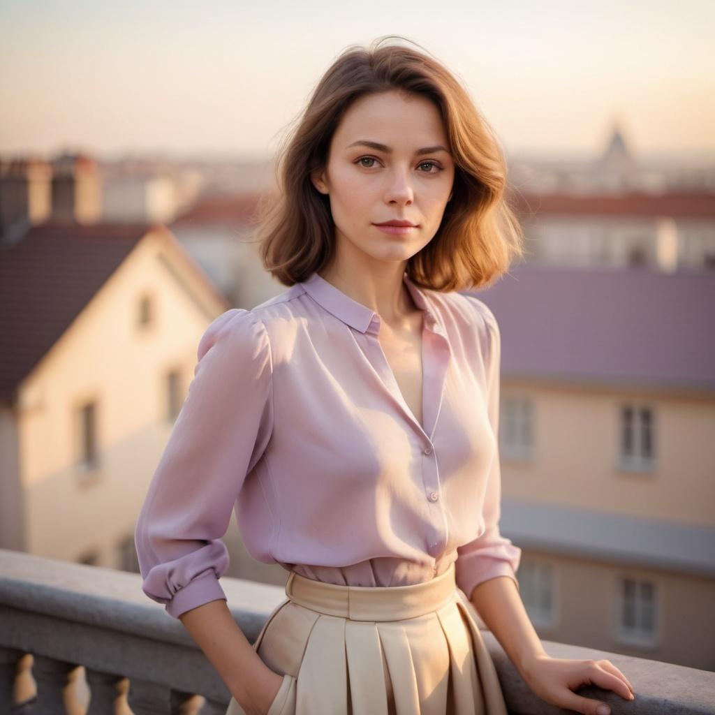 Tenue douce et féminine en lilas et beige dans un décor citadin