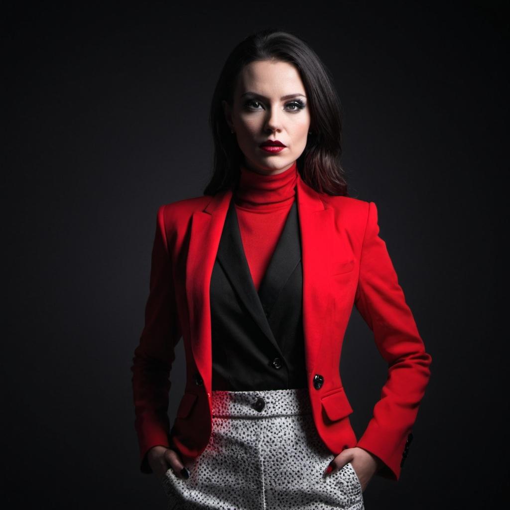  Femme en look graphique noir et blanc avec une touche de rouge