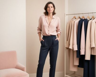 Femme stylée dans un dressing élégant avec tenue harmonieuse et couleurs bien assorties
