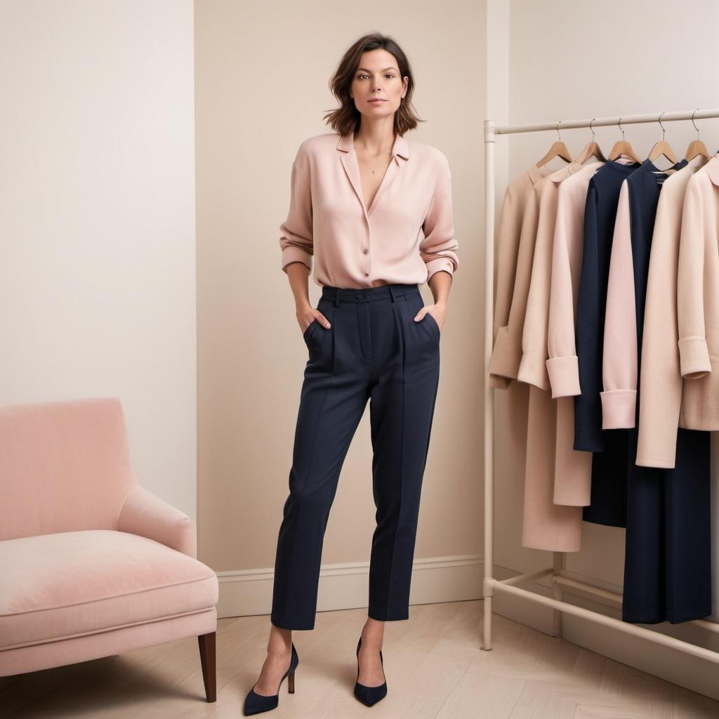 Femme stylée dans un dressing élégant avec tenue harmonieuse et couleurs bien assorties