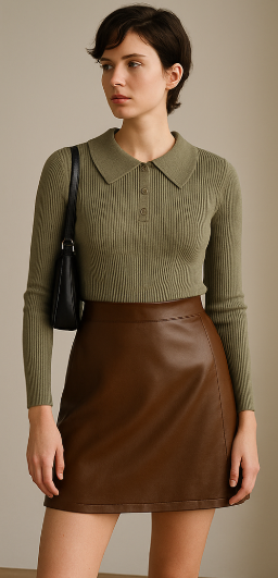 Look col Claudine preppy revisite avec jupe trapeze en cuir vegan