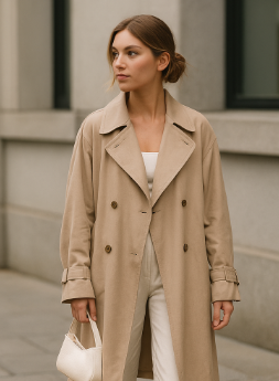 Look minimaliste avec trench fluide et sac blanc a main