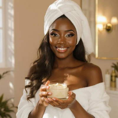 femme noire souriante tenant un masque cheveux maison dans une salle de bain lumineuse