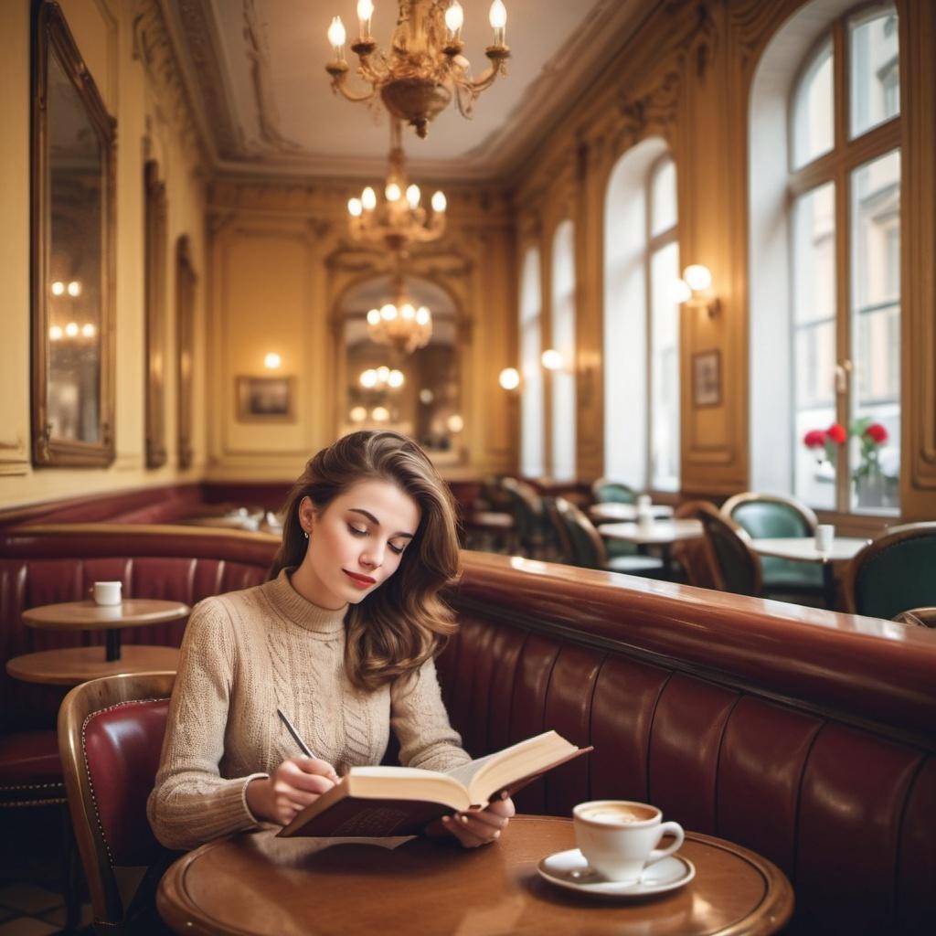 Femme seule dans un café viennois avec livre et pâtisserie