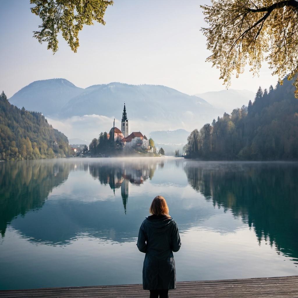 Femme seule au bord du lac de Bled près de Ljubljana