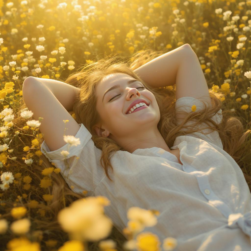 Femme allongée dans un champ en été, paisible et souriante pendant ses vacances