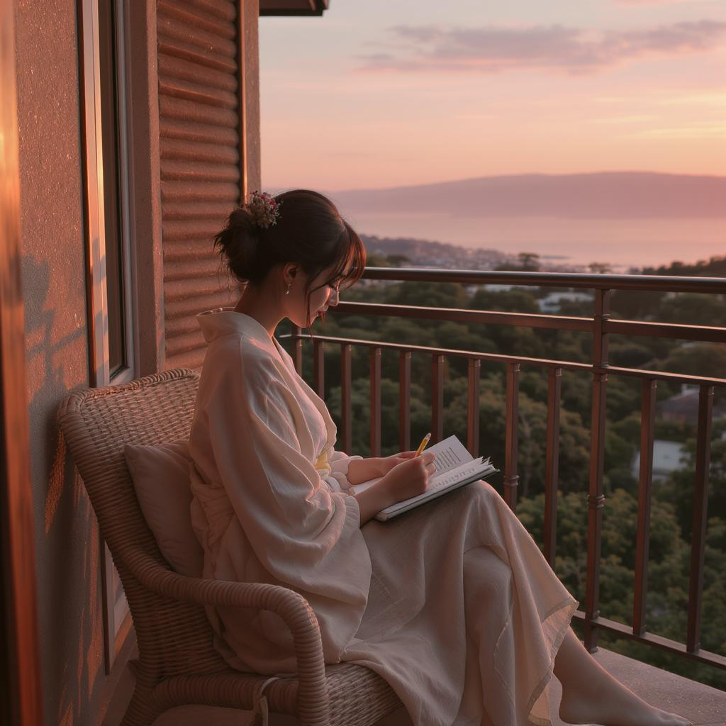 Femme assise sur un balcon au coucher du soleil, carnet en main et tasse de thé