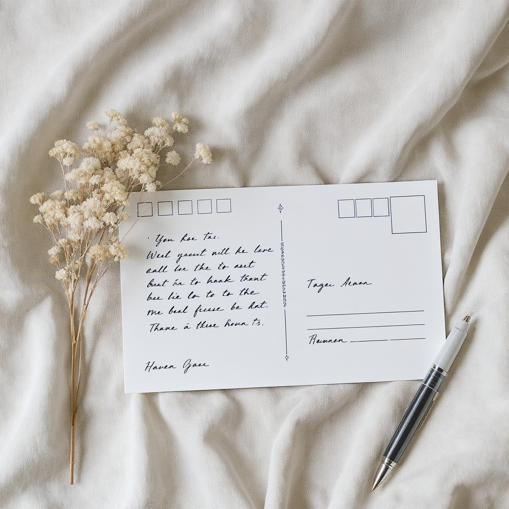 Carte postale manuscrite posée sur du lin avec fleurs séchées et stylo vintage