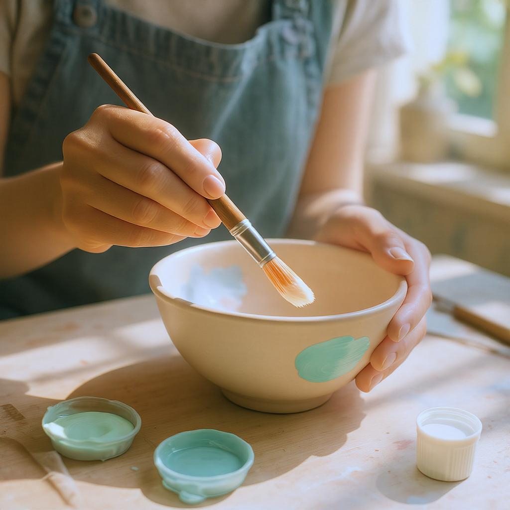  Femme en train de peindre un bol en céramique dans un atelier créatif pendant l’été
