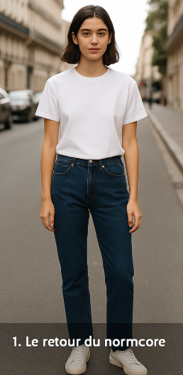 Tendances mode 2025 : le retour du style normcore avec t-shirt blanc et jean droit, 