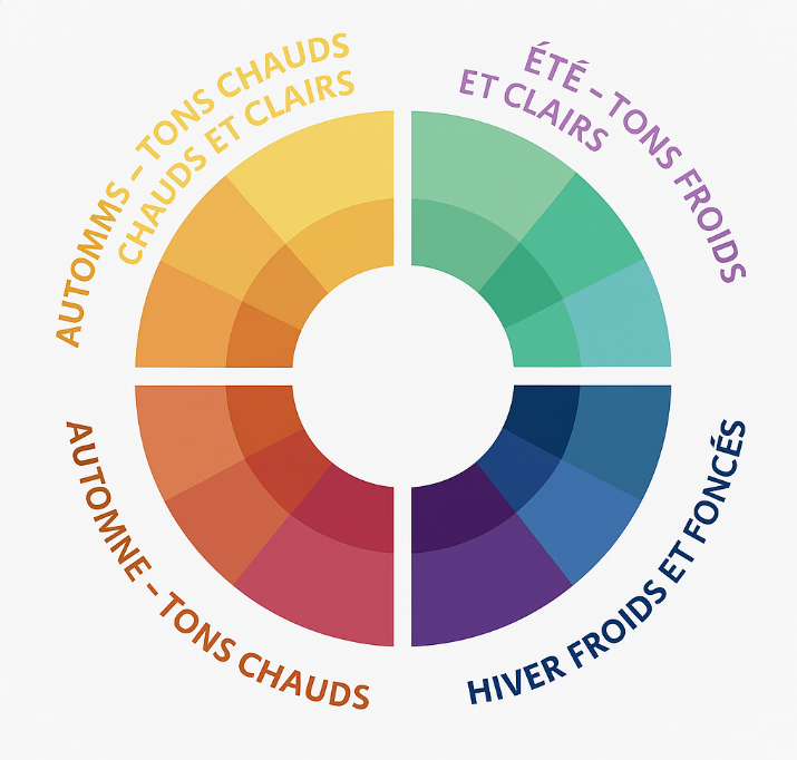 Roue chromatique des saisons en français illustrant les harmonies de couleurs selon les tons chauds et froids