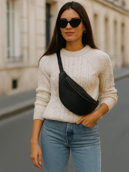  sac banane porté façon chic avec pull torsadé