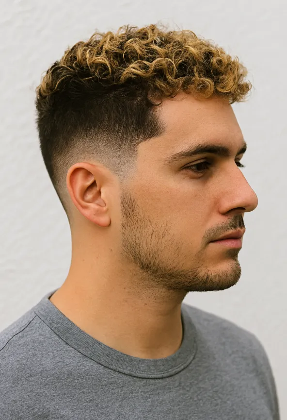 Taper coupe curly homme meches blondes effet degrade net