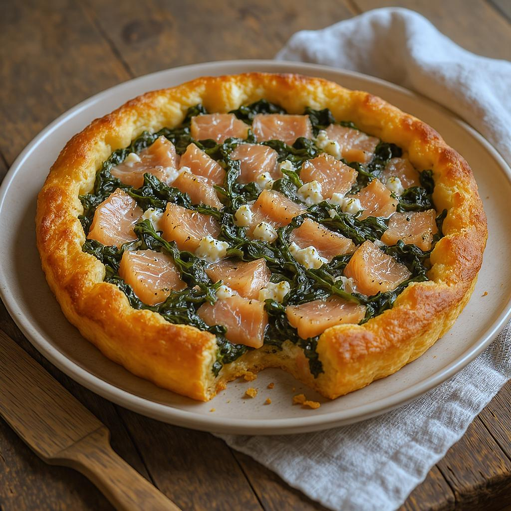Tarte brick au saumon, chèvre et épinards servie sur une table rustique